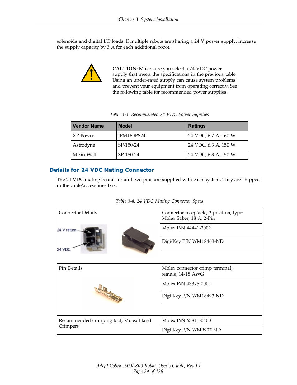 Details for 24 vdc mating connector | Adept s600 Cobra User Manual | Page 29 / 128