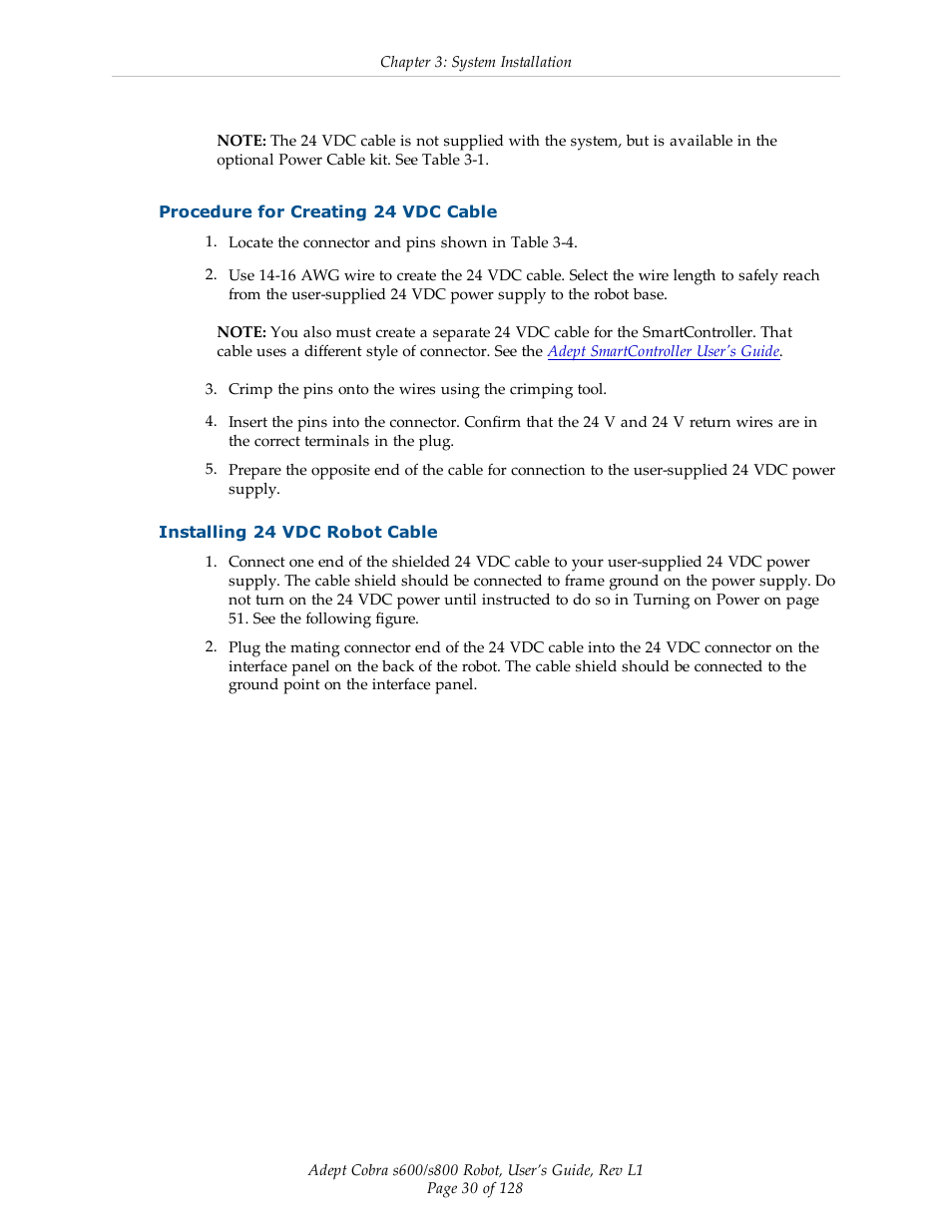 Procedure for creating 24 vdc cable, Installing 24 vdc robot cable | Adept s600 Cobra User Manual | Page 30 / 128