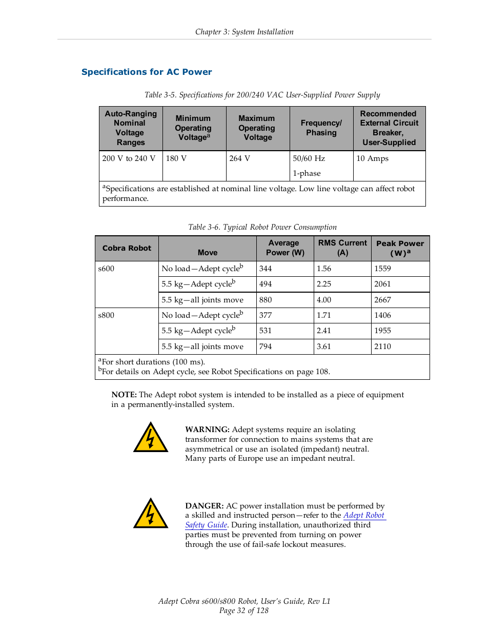 Specifications for ac power | Adept s600 Cobra User Manual | Page 32 / 128