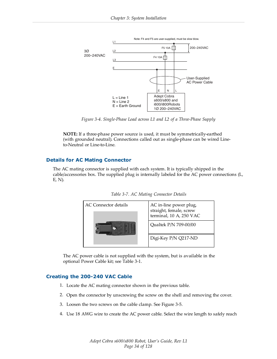 Details for ac mating connector, Creating the 200-240 vac cable | Adept s600 Cobra User Manual | Page 34 / 128