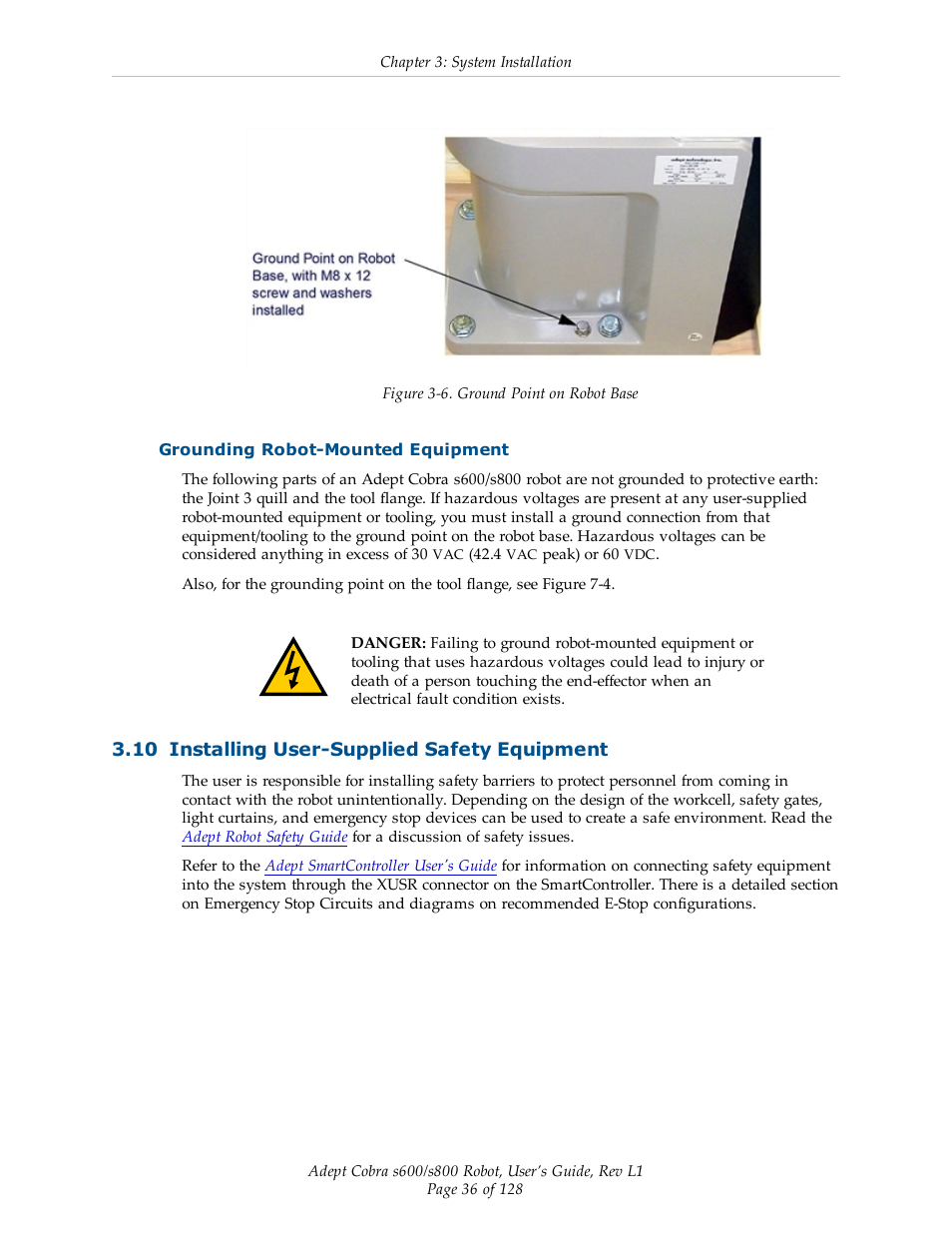 Grounding robot-mounted equipment, 10 installing user-supplied safety equipment | Adept s600 Cobra User Manual | Page 36 / 128