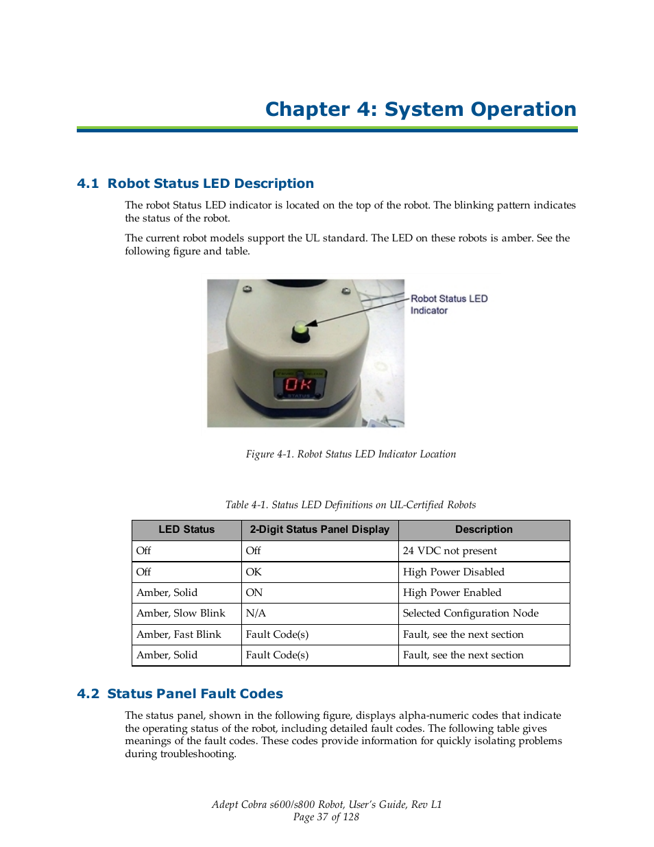 Chapter 4: system operation, 1 robot status led description, 2 status panel fault codes | Adept s600 Cobra User Manual | Page 37 / 128