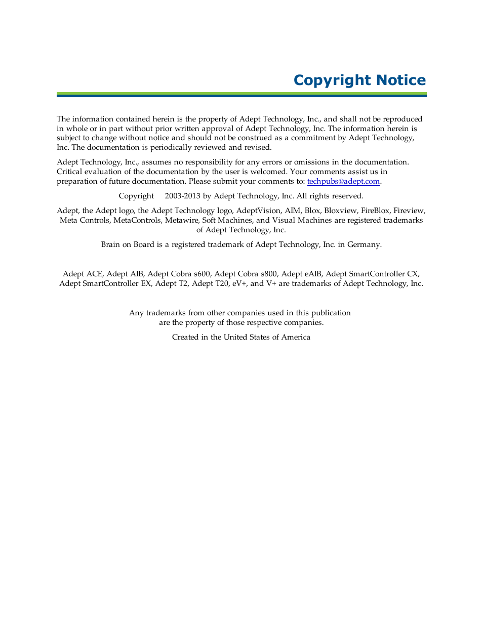 Copyright notice | Adept s600 Cobra User Manual | Page 4 / 128