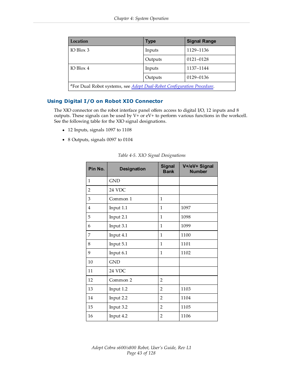 Using digital i/o on robot xio connector | Adept s600 Cobra User Manual | Page 43 / 128