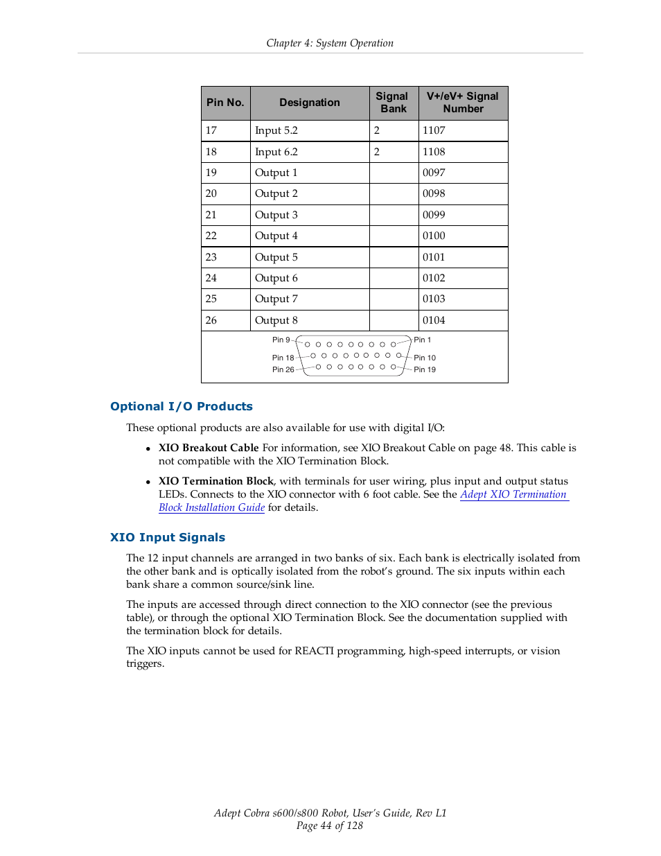 Optional i/o products, Xio input signals | Adept s600 Cobra User Manual | Page 44 / 128