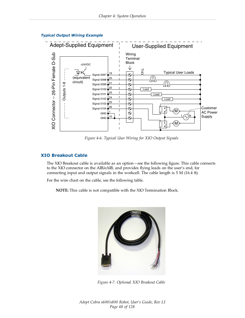 Xio breakout cable, Adept-supplied equipment user-supplied equipment, Xio connector – 26-pin female d-sub | Adept s600 Cobra User Manual | Page 48 / 128