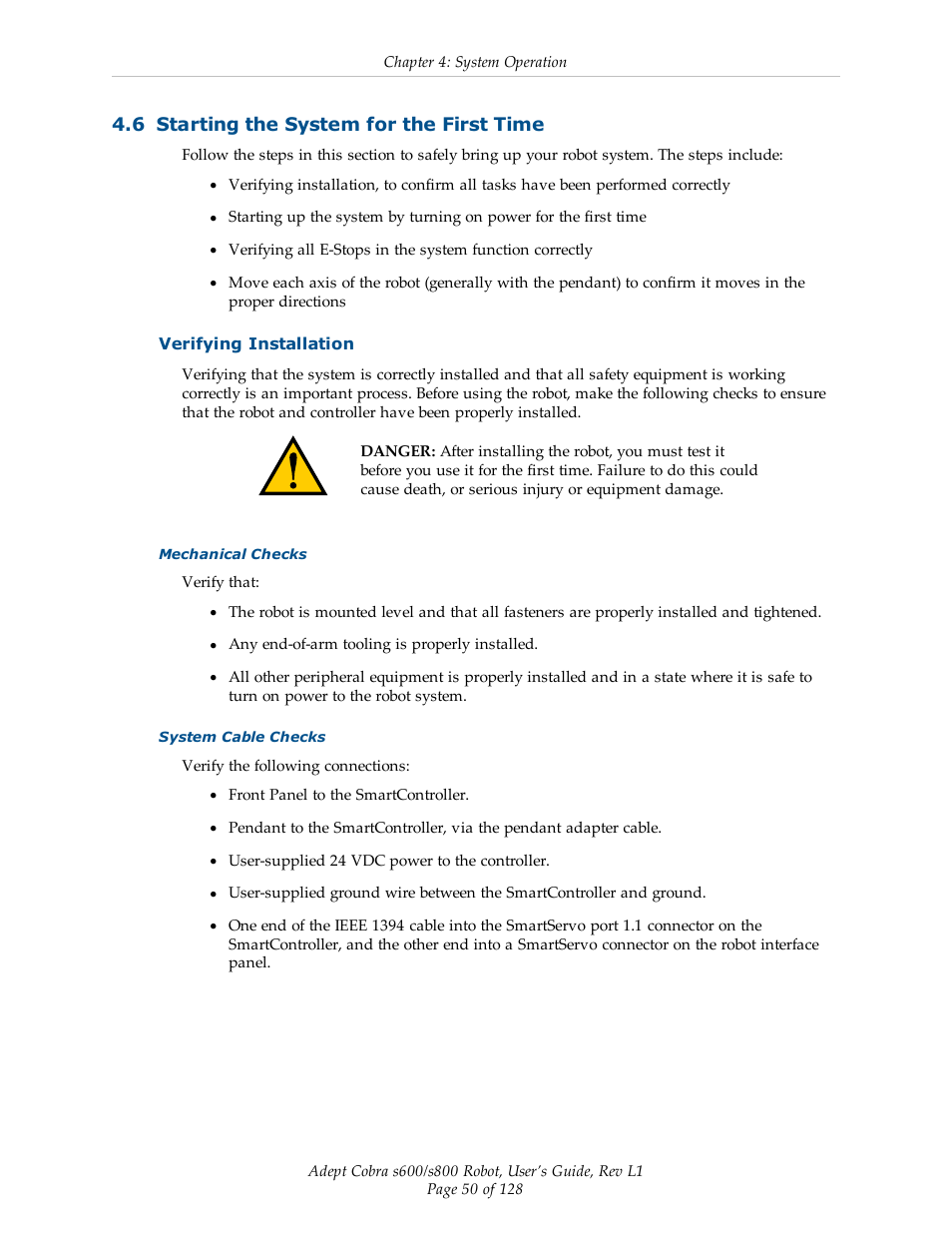 6 starting the system for the first time, Verifying installation | Adept s600 Cobra User Manual | Page 50 / 128