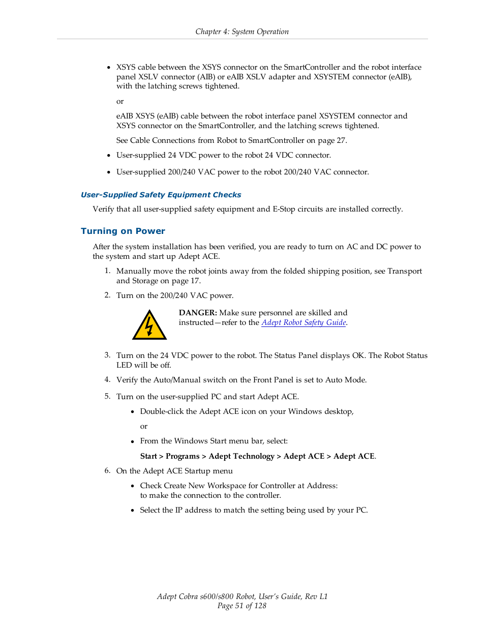 Turning on power | Adept s600 Cobra User Manual | Page 51 / 128