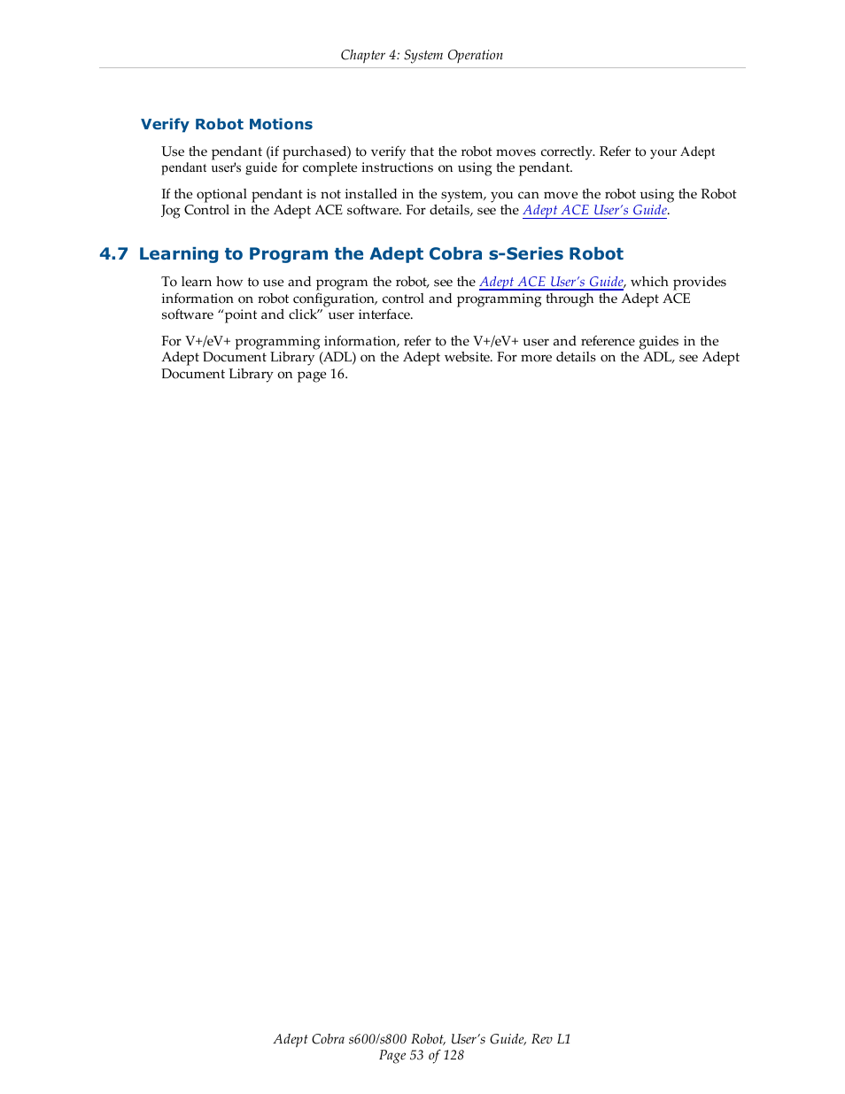Verify robot motions | Adept s600 Cobra User Manual | Page 53 / 128