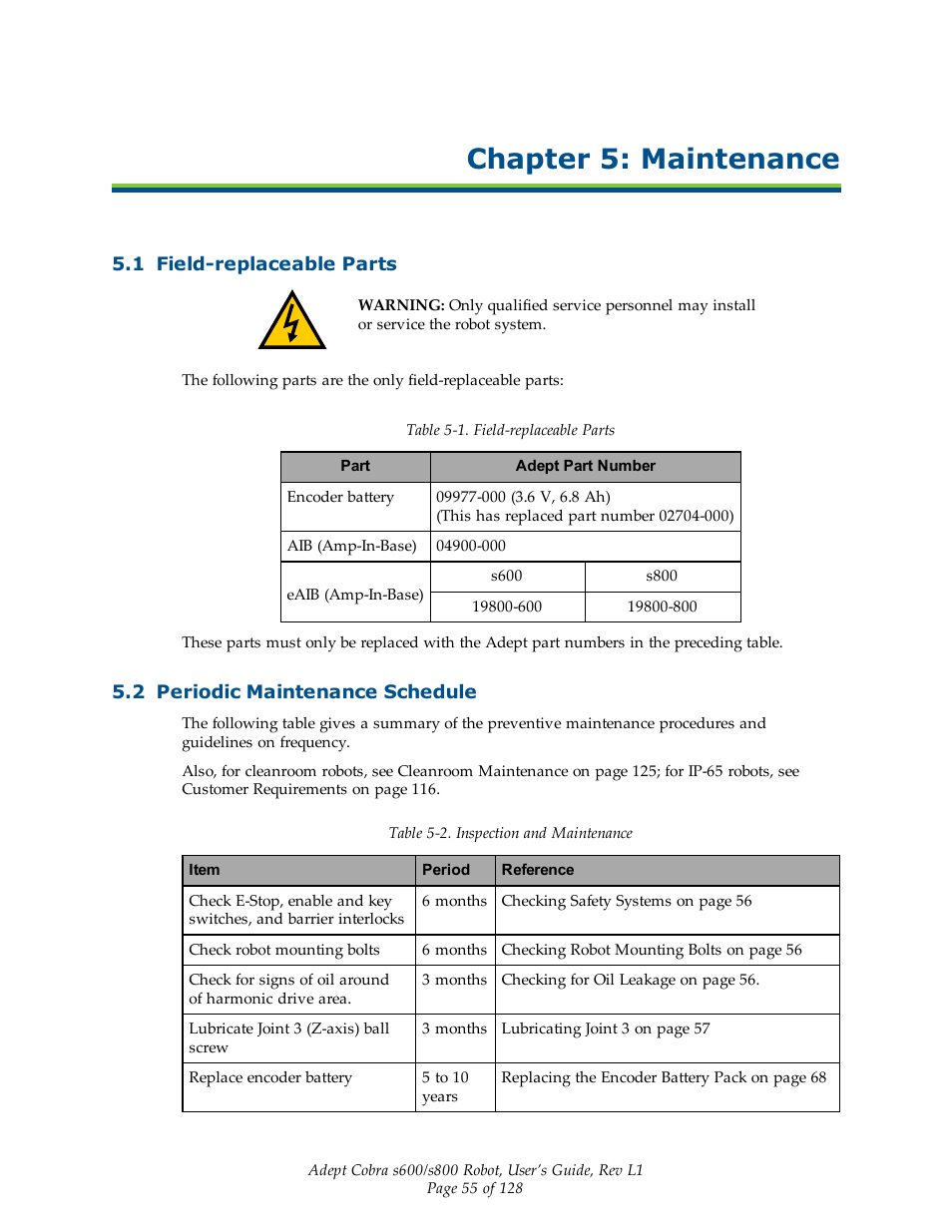 Chapter 5: maintenance, 1 field-replaceable parts, 2 periodic maintenance schedule | Adept s600 Cobra User Manual | Page 55 / 128