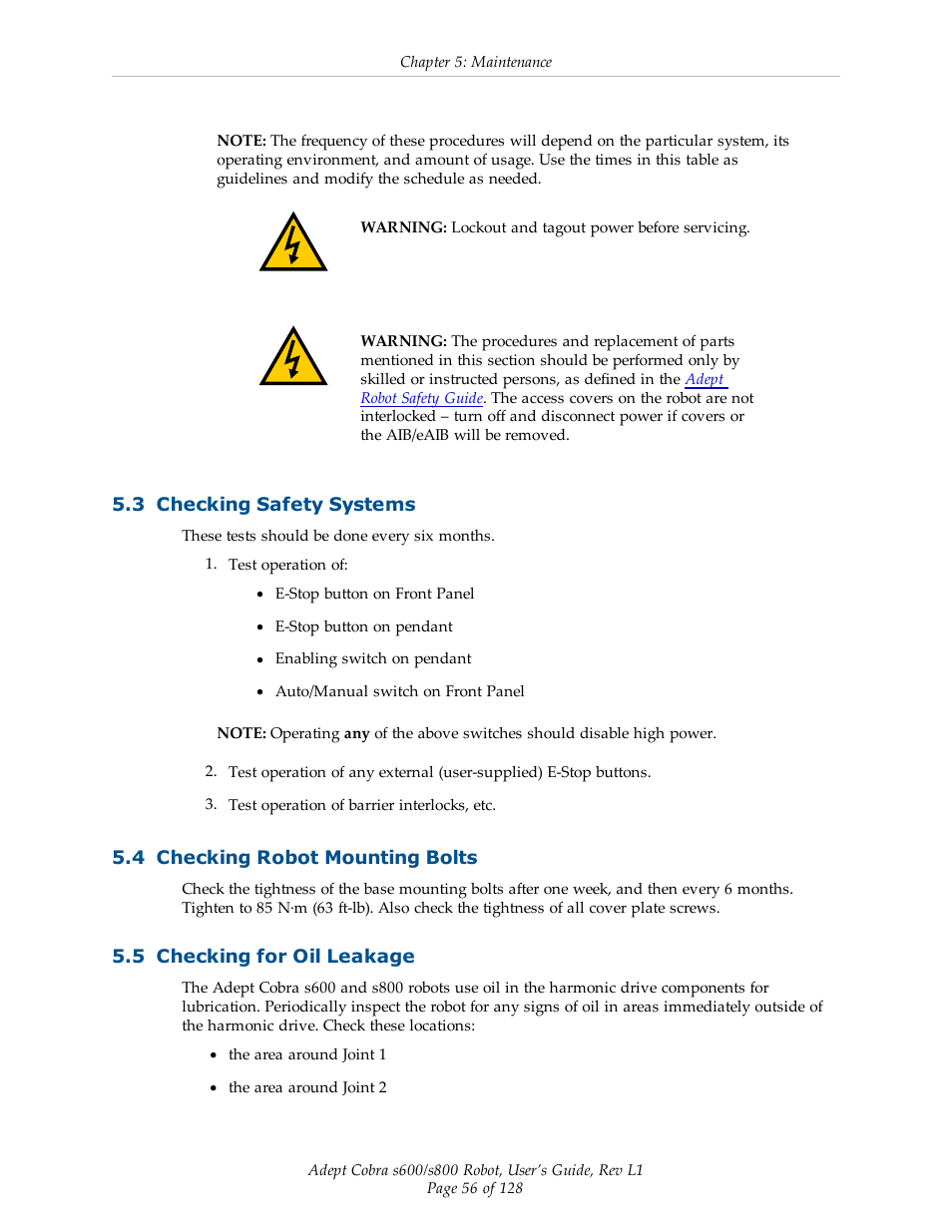 3 checking safety systems, 4 checking robot mounting bolts, 5 checking for oil leakage | Adept s600 Cobra User Manual | Page 56 / 128