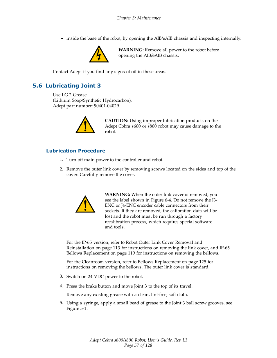 6 lubricating joint 3, Lubrication procedure | Adept s600 Cobra User Manual | Page 57 / 128