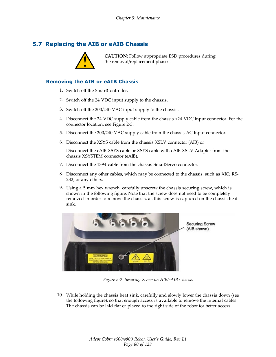 7 replacing the aib or eaib chassis, Removing the aib or eaib chassis | Adept s600 Cobra User Manual | Page 60 / 128