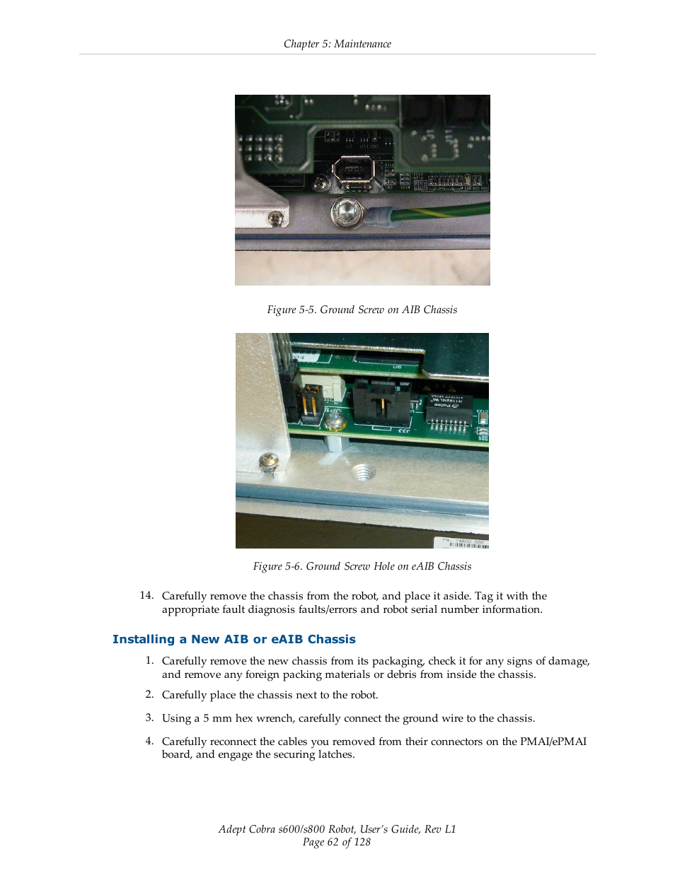 Installing a new aib or eaib chassis | Adept s600 Cobra User Manual | Page 62 / 128