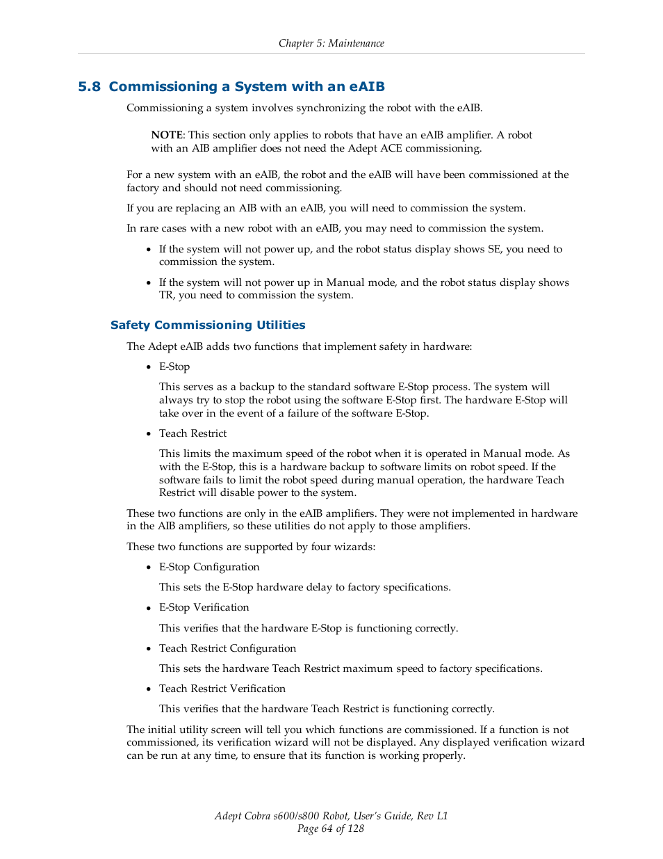 8 commissioning a system with an eaib, Safety commissioning utilities | Adept s600 Cobra User Manual | Page 64 / 128