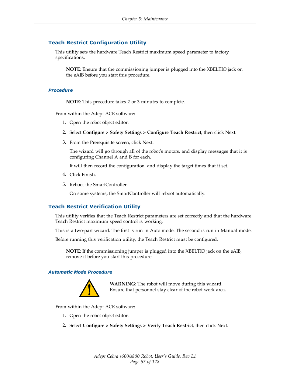 Teach restrict configuration utility, Teach restrict verification utility | Adept s600 Cobra User Manual | Page 67 / 128