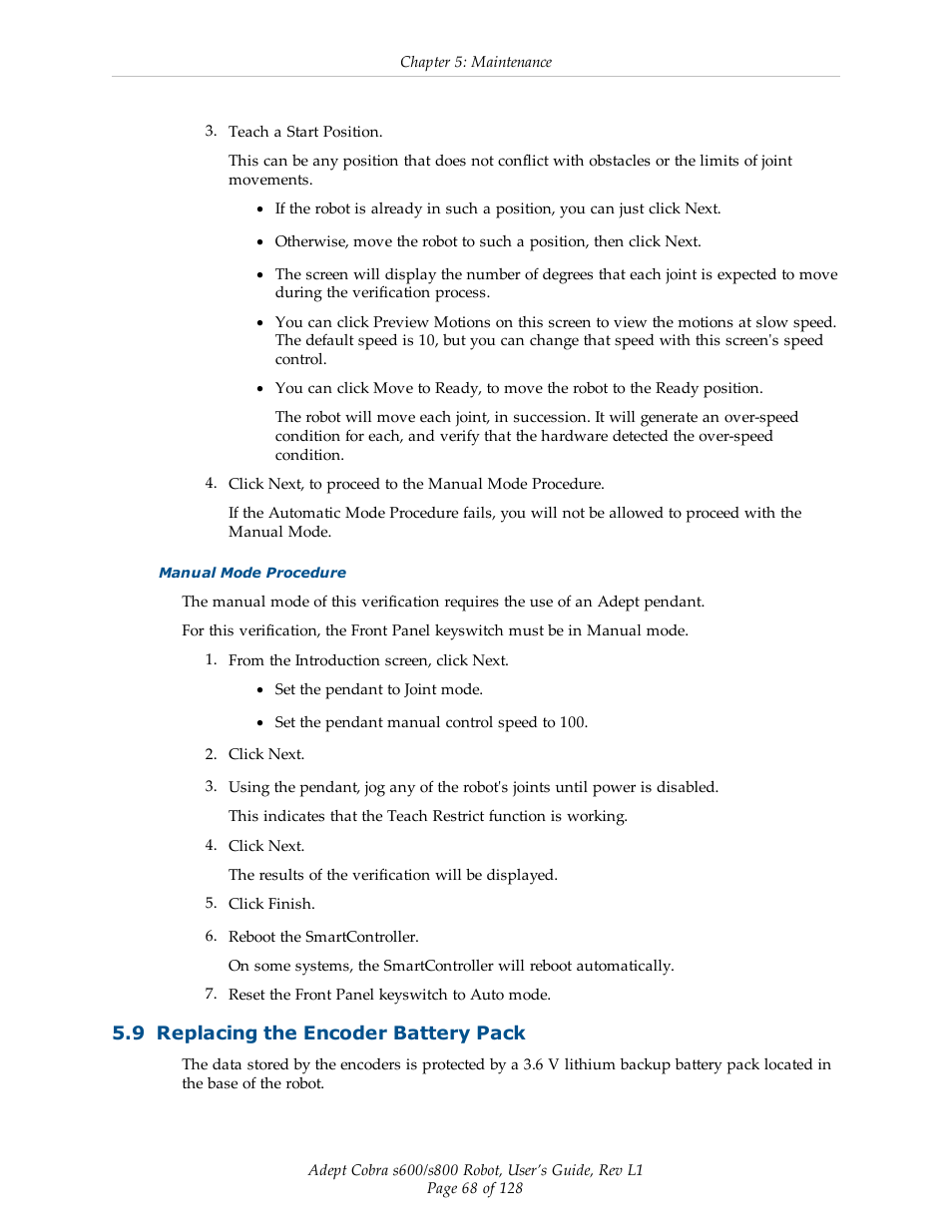 9 replacing the encoder battery pack | Adept s600 Cobra User Manual | Page 68 / 128