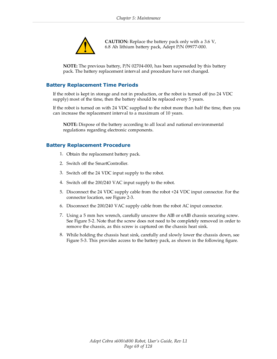 Battery replacement time periods, Battery replacement procedure | Adept s600 Cobra User Manual | Page 69 / 128