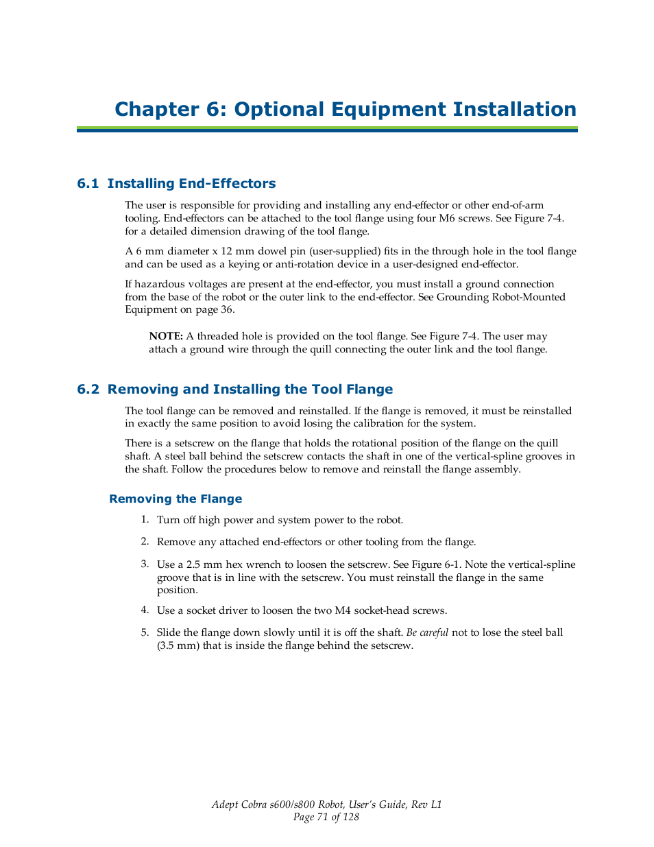 Chapter 6: optional equipment installation, 1 installing end-effectors, 2 removing and installing the tool flange | Removing the flange | Adept s600 Cobra User Manual | Page 71 / 128