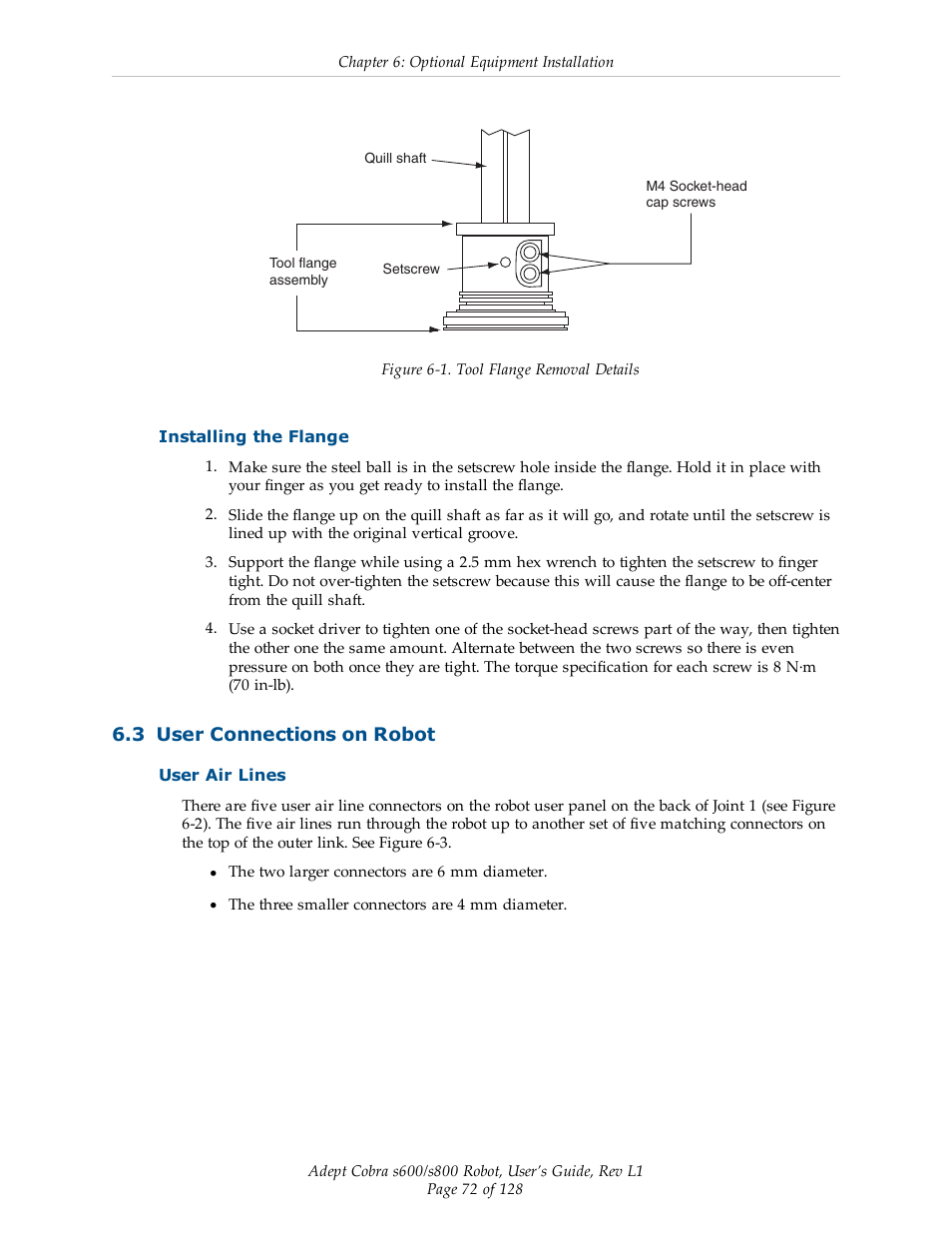 Installing the flange, 3 user connections on robot, User air lines | Figure 6-1 | Adept s600 Cobra User Manual | Page 72 / 128