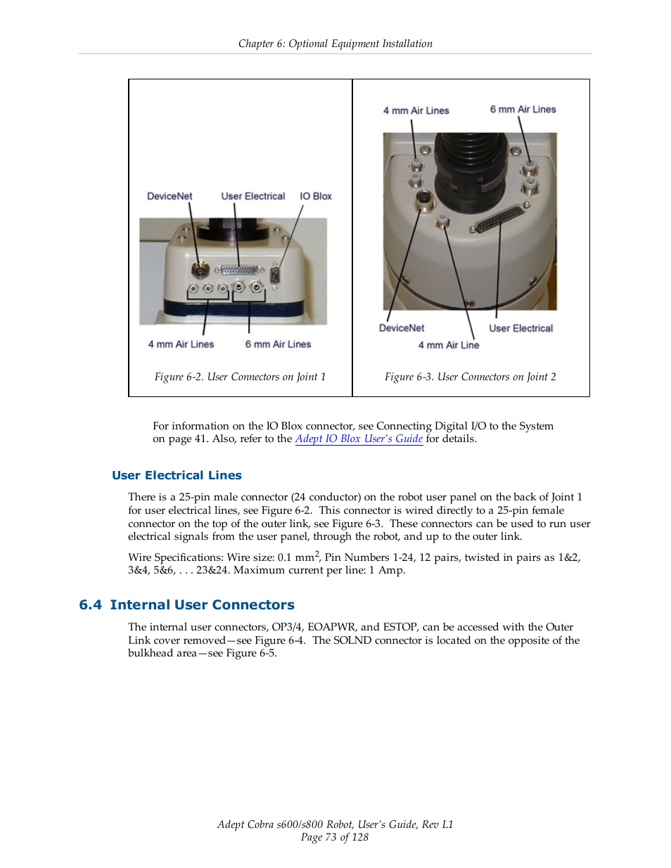 User electrical lines, 4 internal user connectors | Adept s600 Cobra User Manual | Page 73 / 128
