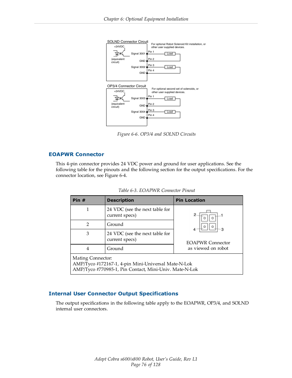 Eoapwr connector, Internal user connector output specifications, Chapter 6: optional equipment installation | Figure 6-6. op3/4 and solnd circuits | Adept s600 Cobra User Manual | Page 76 / 128