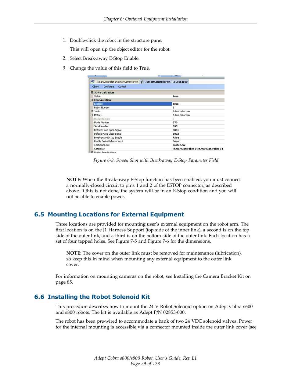 5 mounting locations for external equipment, 6 installing the robot solenoid kit | Adept s600 Cobra User Manual | Page 79 / 128