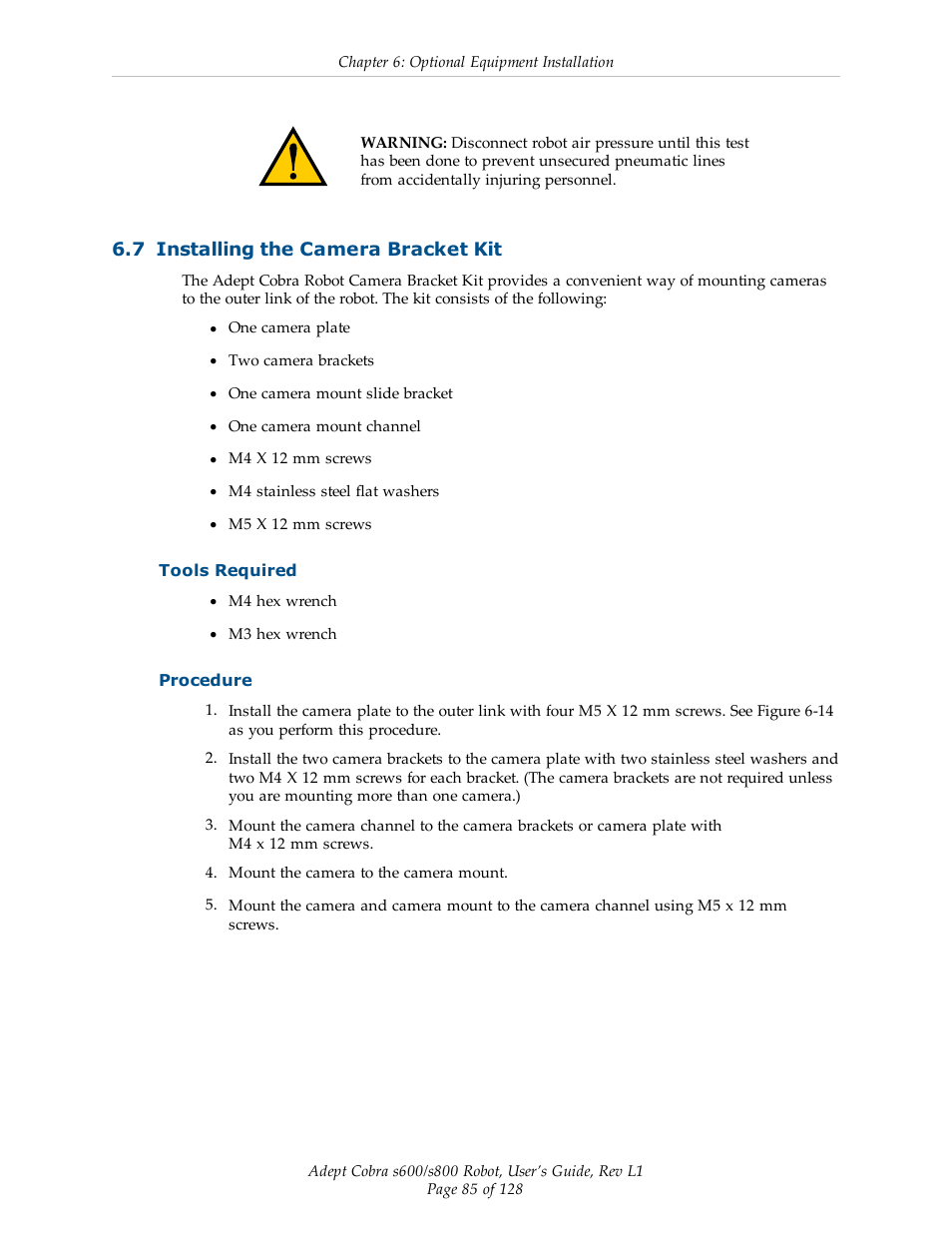 7 installing the camera bracket kit, Tools required, Procedure | Adept s600 Cobra User Manual | Page 85 / 128