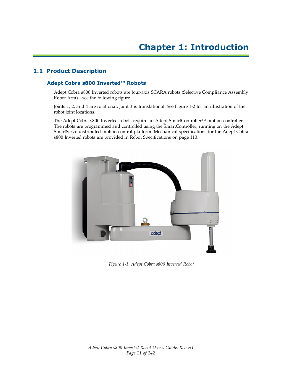 Chapter 1: introduction, 1 product description, Adept cobra s800 inverted™ robots | Adept s800 s800 User Manual | Page 11 / 142