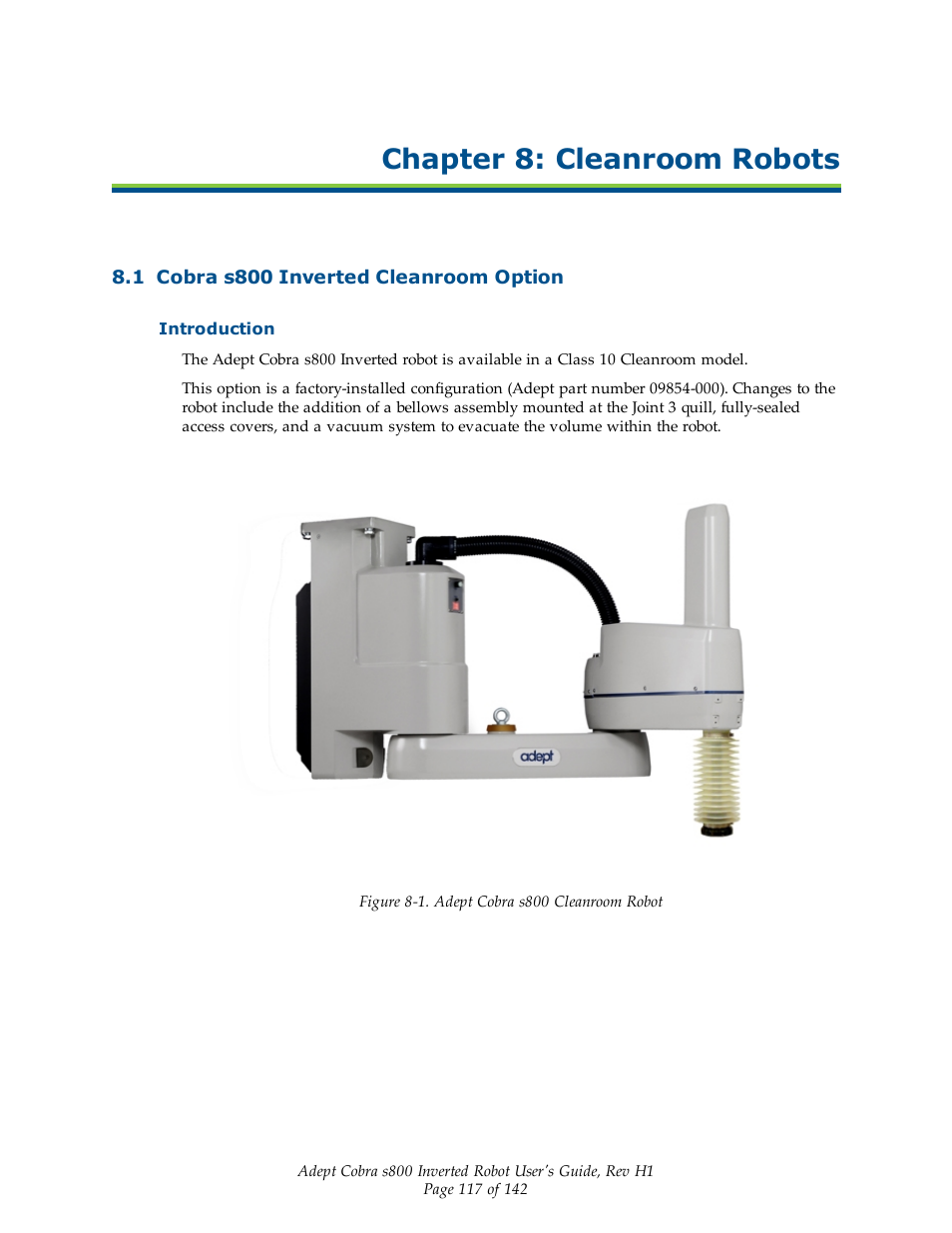 Chapter 8: cleanroom robots, 1 cobra s800 inverted cleanroom option, Introduction | Adept s800 s800 User Manual | Page 117 / 142