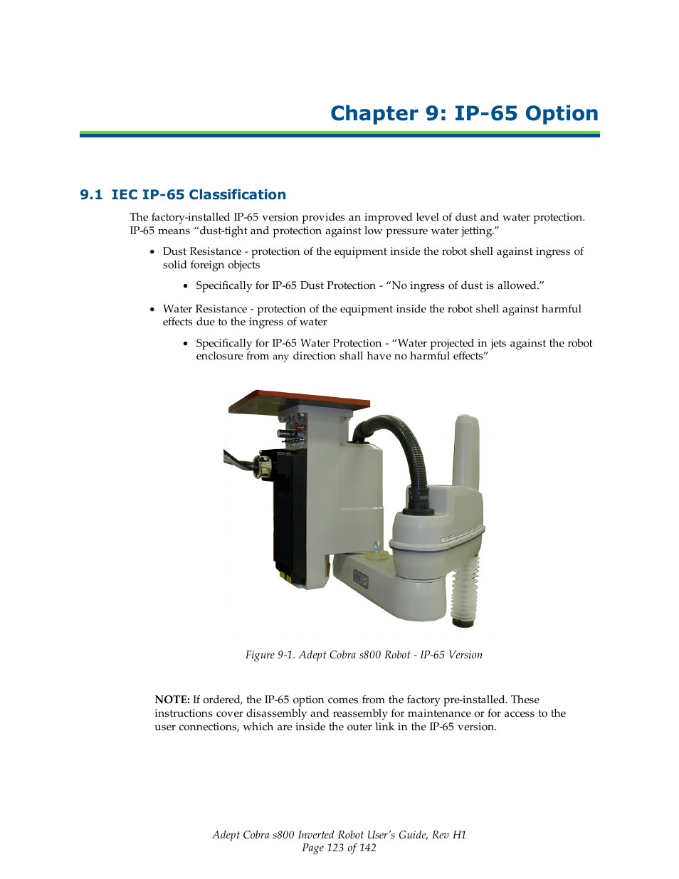 Chapter 9: ip-65 option, 1 iec ip-65 classification | Adept s800 s800 User Manual | Page 123 / 142