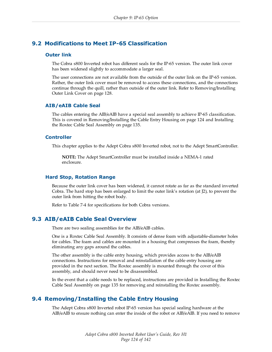 2 modifications to meet ip-65 classification, Outer link, Aib/eaib cable seal | Controller, Hard stop, rotation range, 3 aib/eaib cable seal overview, 4 removing/installing the cable entry housing | Adept s800 s800 User Manual | Page 124 / 142