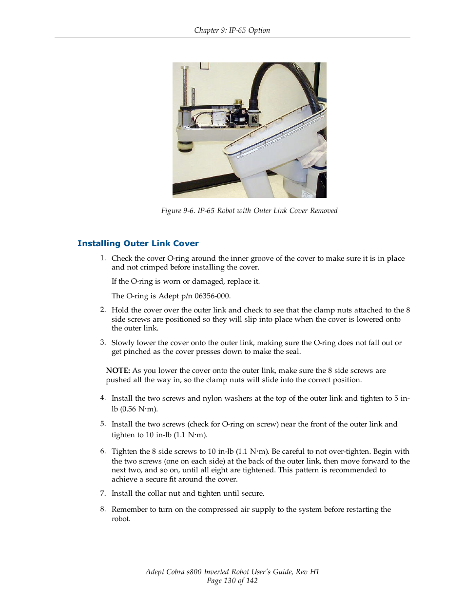 Installing outer link cover | Adept s800 s800 User Manual | Page 130 / 142