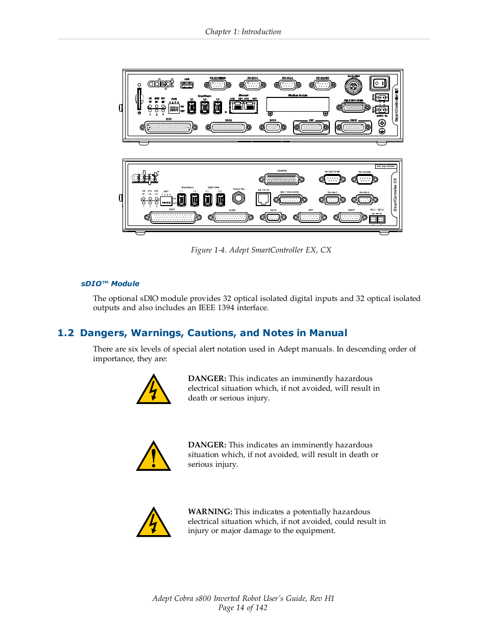 2 dangers, warnings, cautions, and notes in manual | Adept s800 s800 User Manual | Page 14 / 142