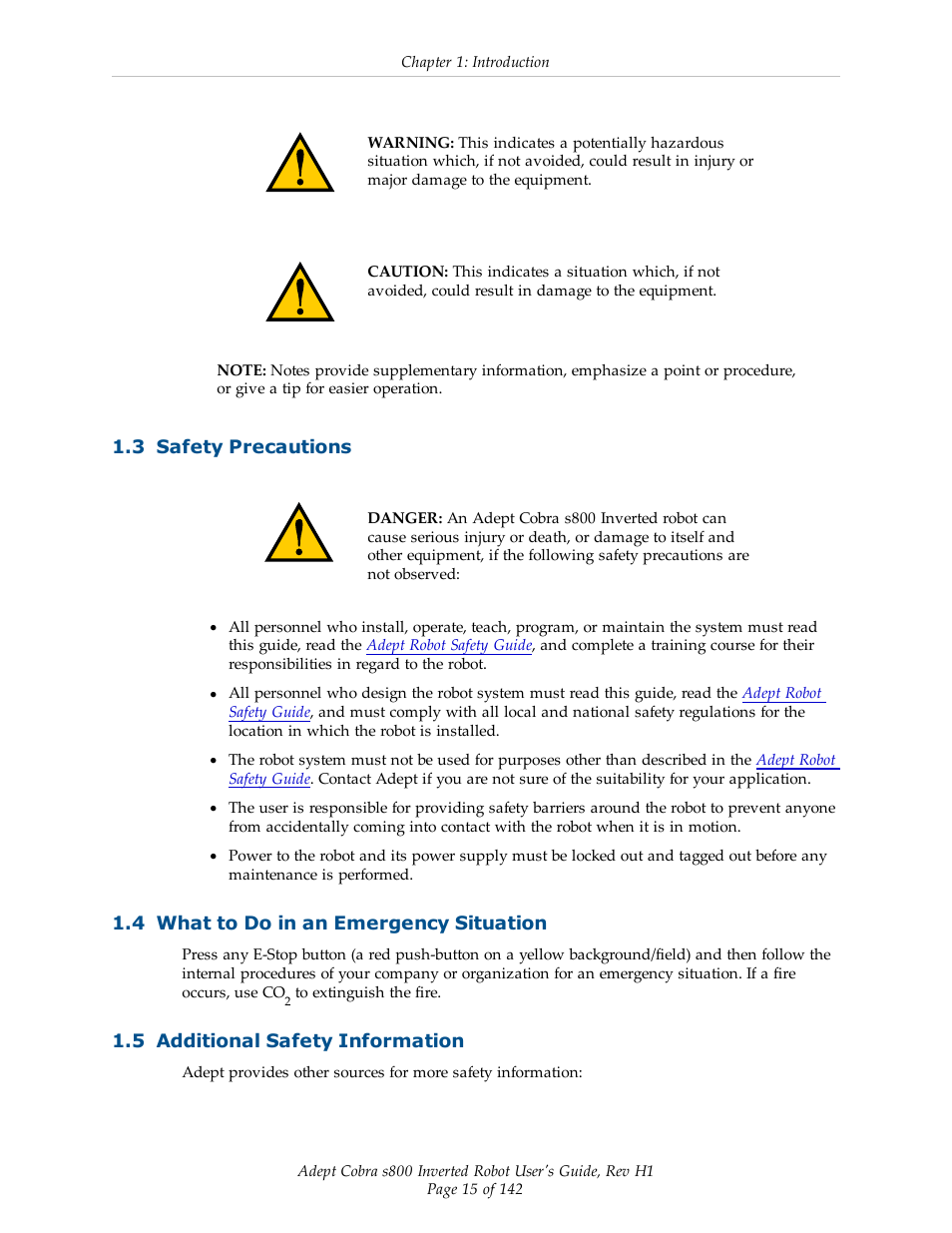 3 safety precautions, 4 what to do in an emergency situation, 5 additional safety information | Adept s800 s800 User Manual | Page 15 / 142