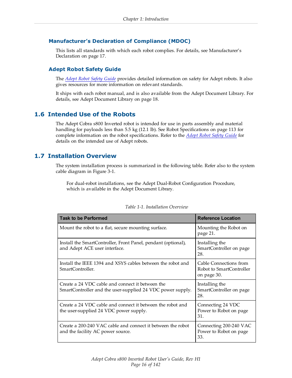 Manufacturer’s declaration of compliance (mdoc), Adept robot safety guide, 6 intended use of the robots | 7 installation overview | Adept s800 s800 User Manual | Page 16 / 142