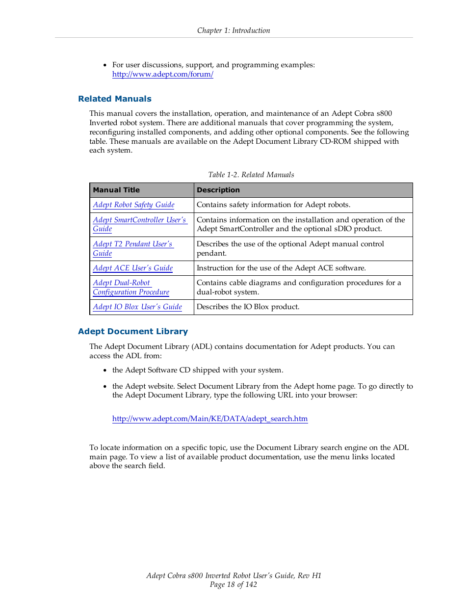 Related manuals, Adept document library | Adept s800 s800 User Manual | Page 18 / 142