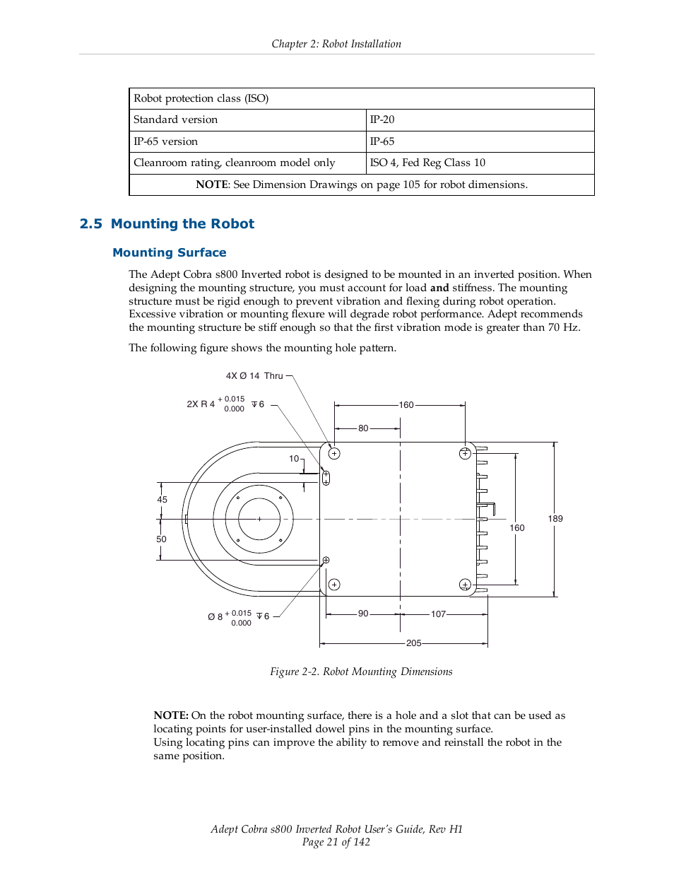 5 mounting the robot, Mounting surface | Adept s800 s800 User Manual | Page 21 / 142