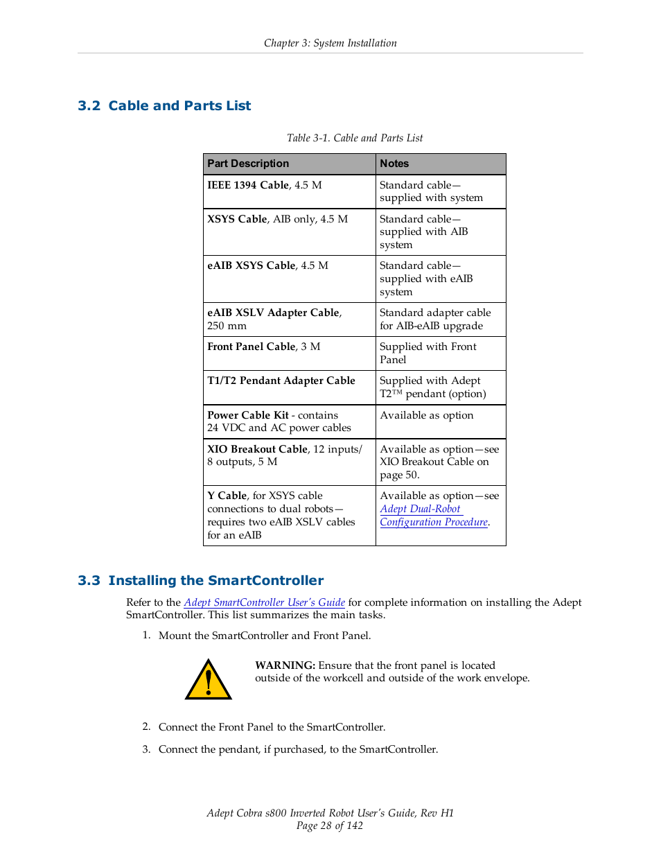 2 cable and parts list, 3 installing the smartcontroller | Adept s800 s800 User Manual | Page 28 / 142