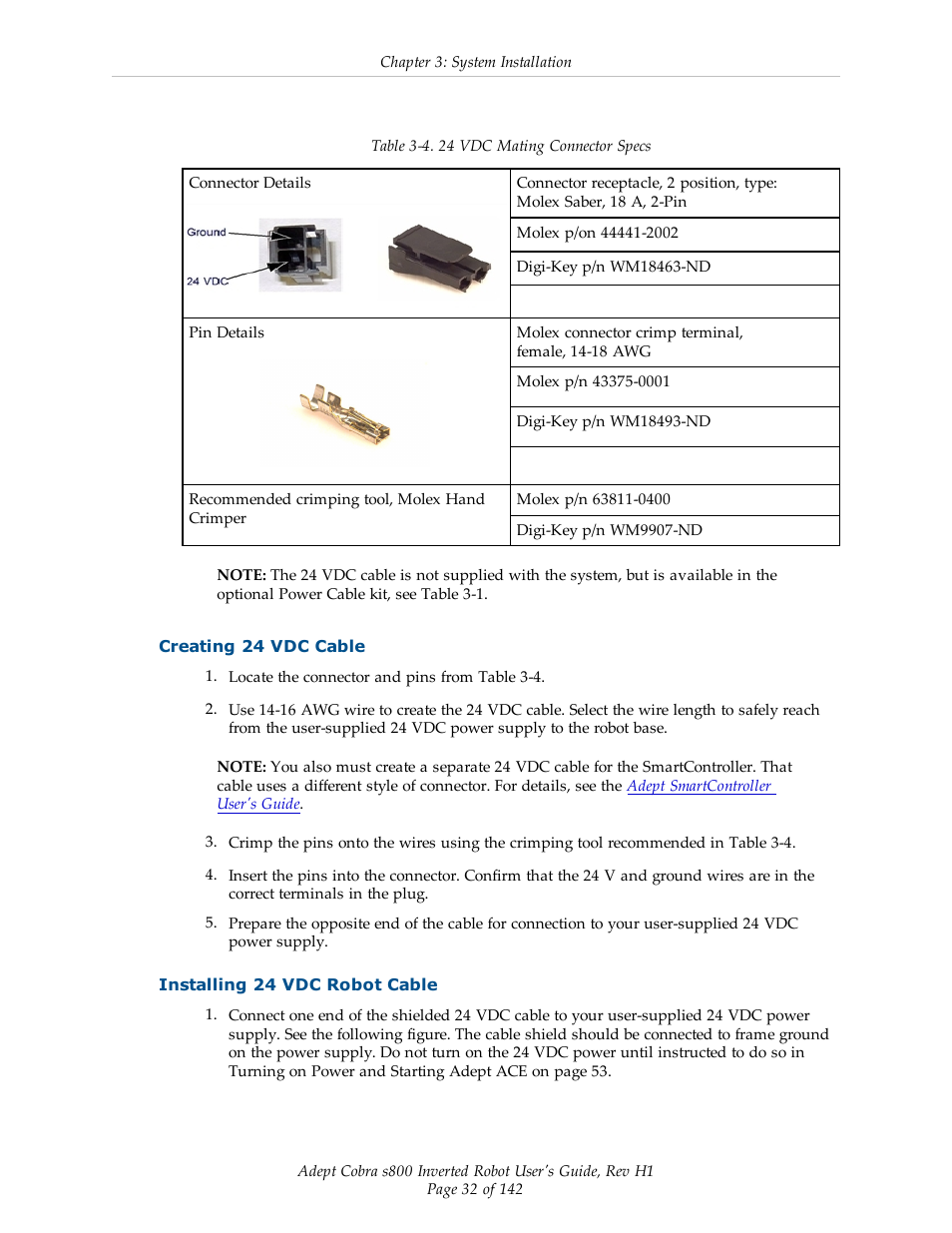 Creating 24 vdc cable, Installing 24 vdc robot cable | Adept s800 s800 User Manual | Page 32 / 142