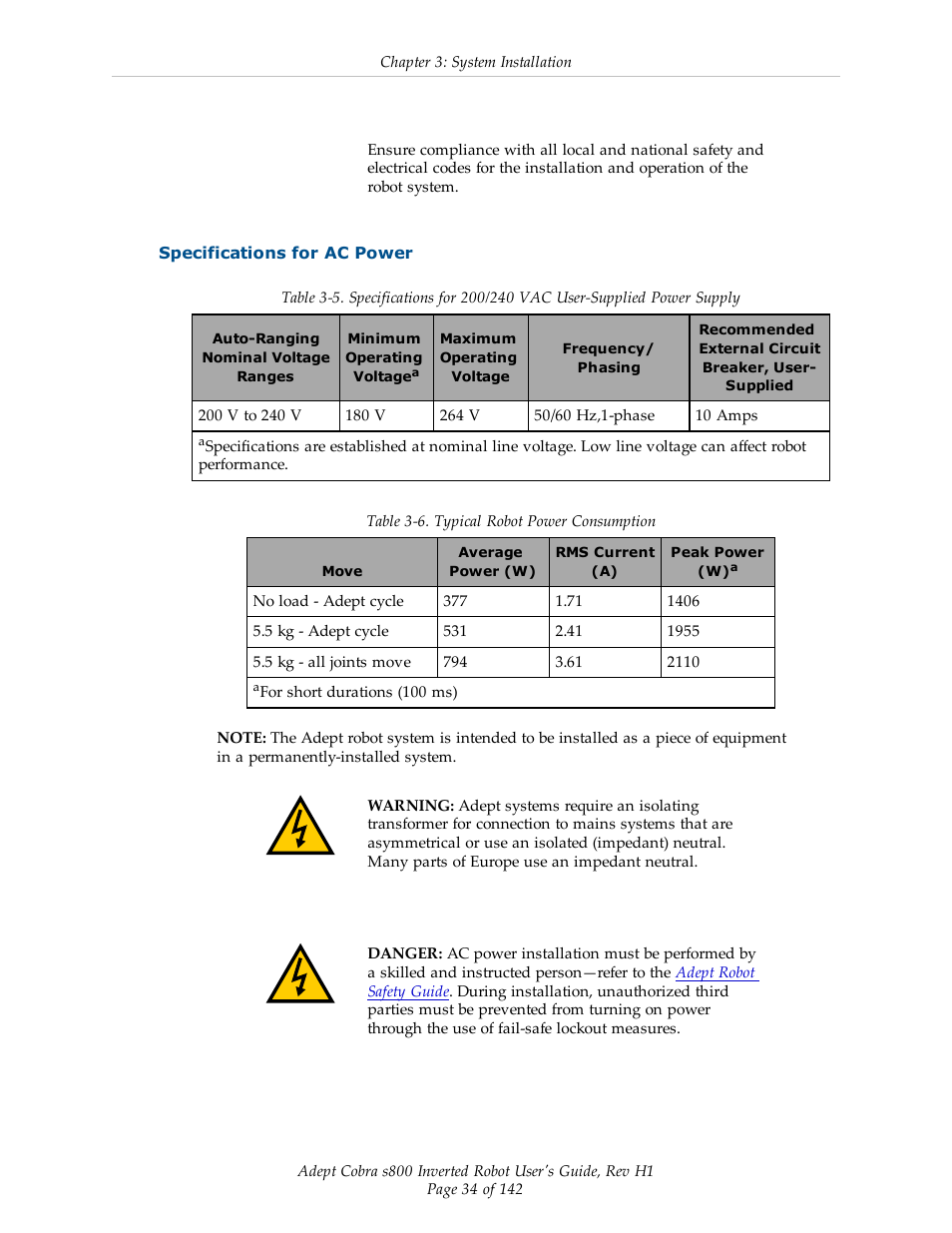 Specifications for ac power | Adept s800 s800 User Manual | Page 34 / 142