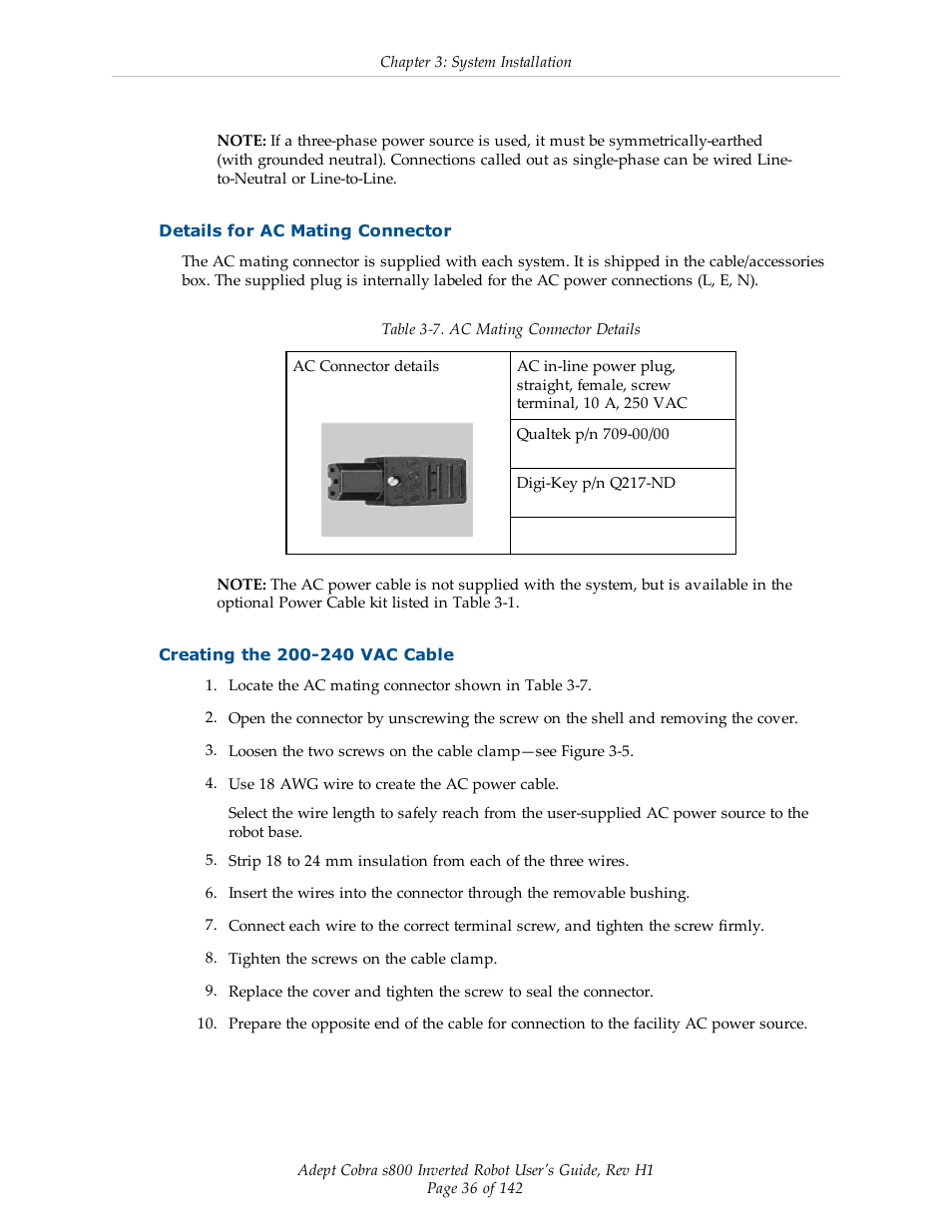 Details for ac mating connector, Creating the 200-240 vac cable | Adept s800 s800 User Manual | Page 36 / 142