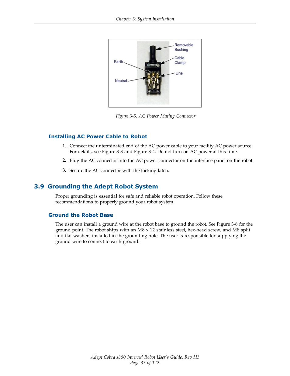 Installing ac power cable to robot, 9 grounding the adept robot system, Ground the robot base | Adept s800 s800 User Manual | Page 37 / 142