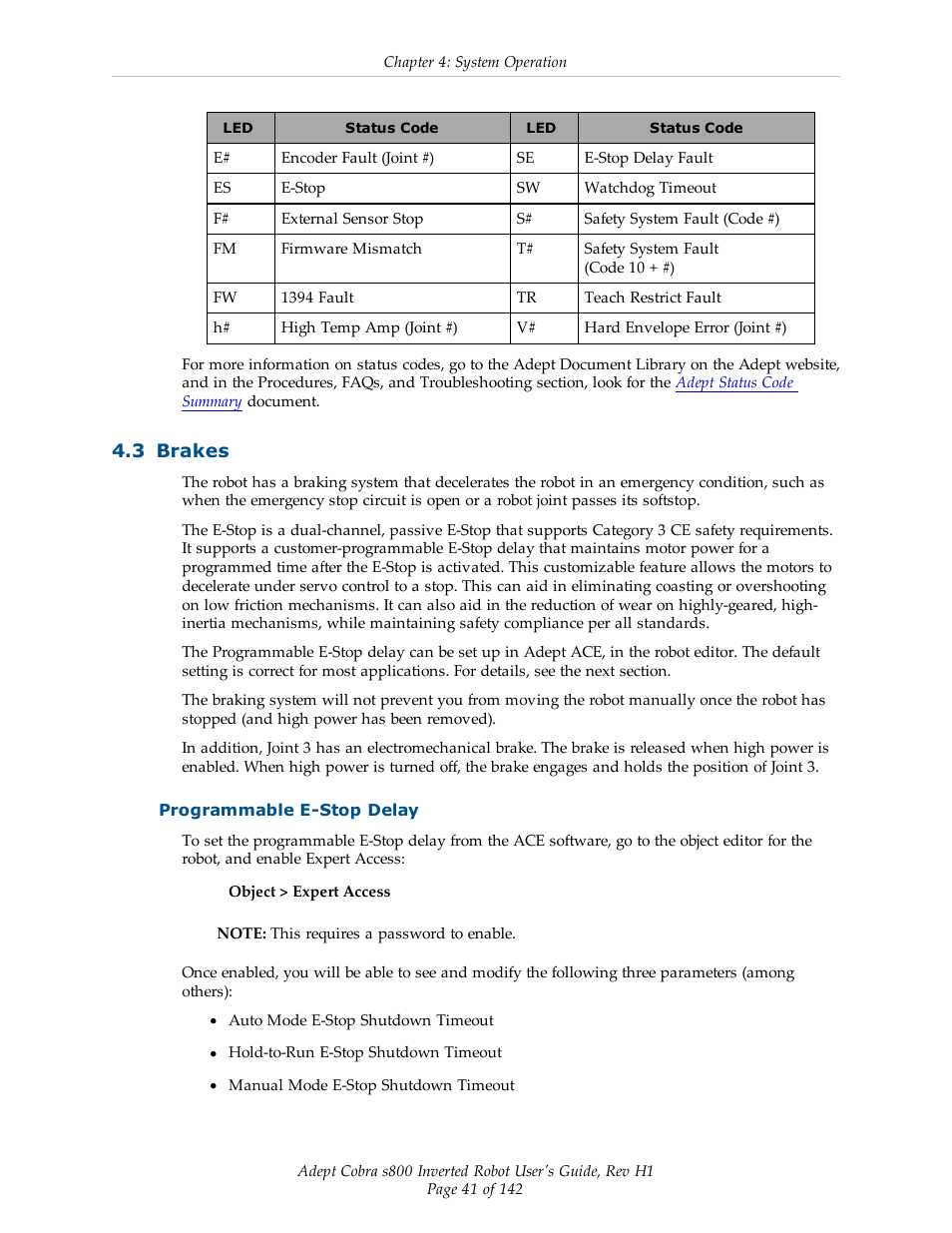 3 brakes, Programmable e-stop delay | Adept s800 s800 User Manual | Page 41 / 142