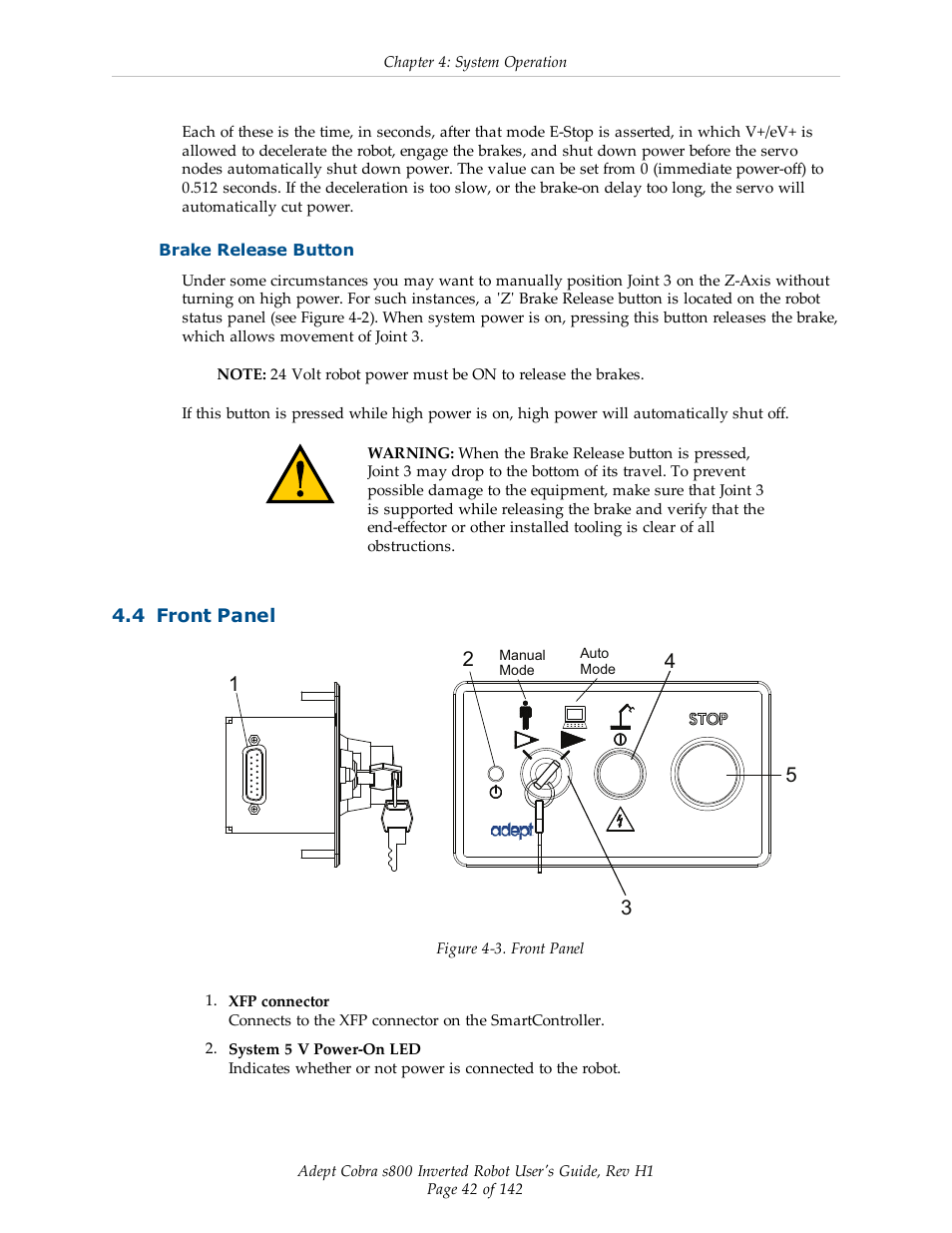 Brake release button, 4 front panel | Adept s800 s800 User Manual | Page 42 / 142