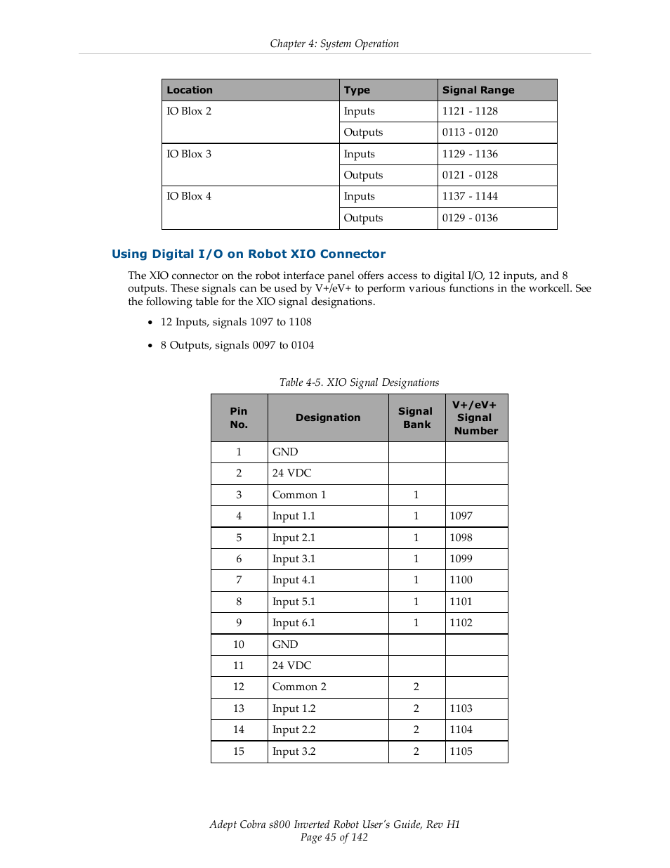 Using digital i/o on robot xio connector | Adept s800 s800 User Manual | Page 45 / 142