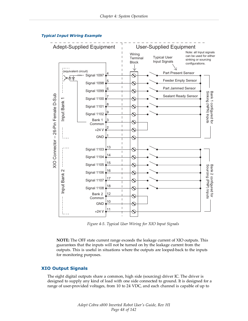 Xio output signals, Adept-supplied equipment user-supplied equipment | Adept s800 s800 User Manual | Page 48 / 142