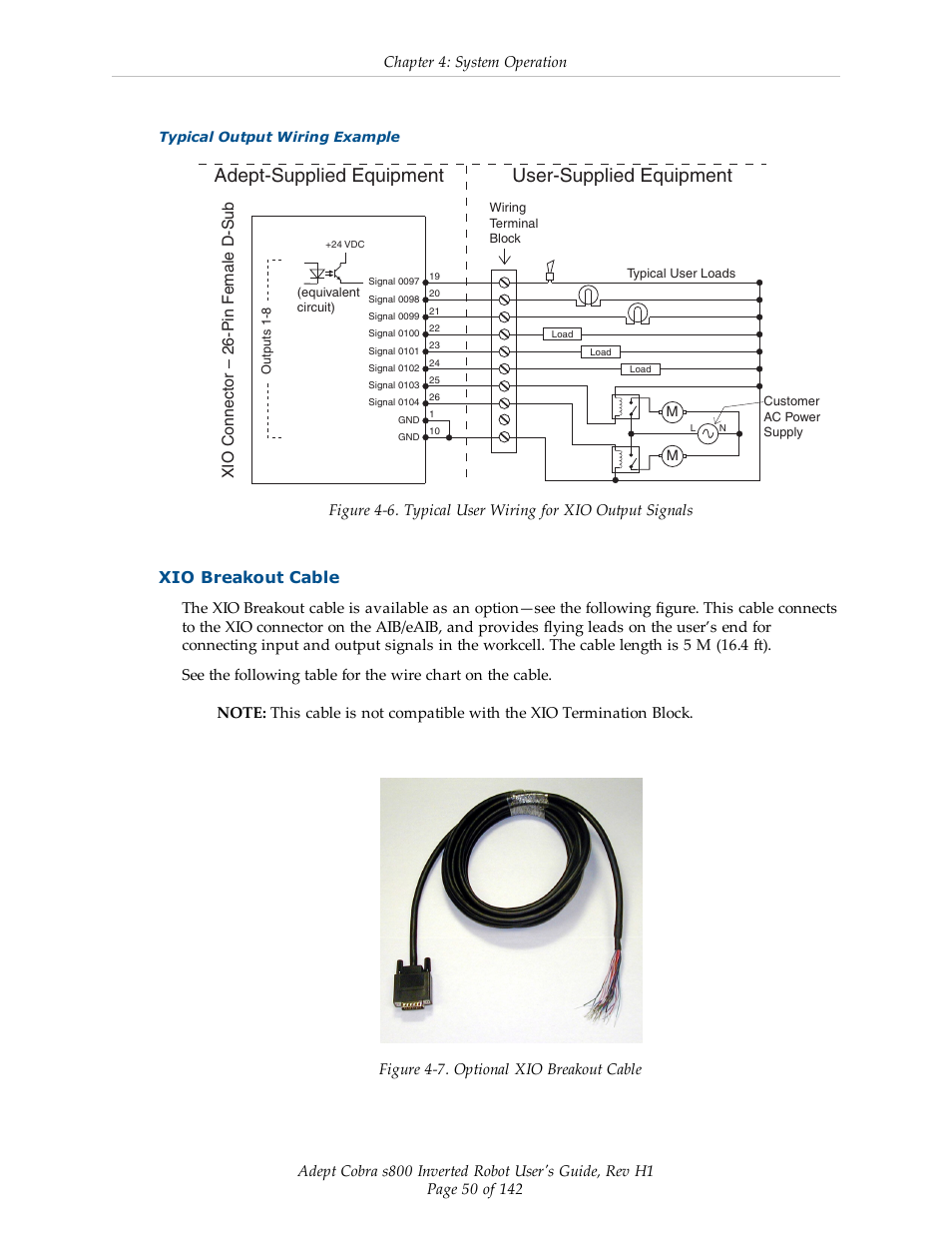 Xio breakout cable, Adept-supplied equipment user-supplied equipment, Xio connector – 26-pin f emale d-sub | Chapter 4: system operation | Adept s800 s800 User Manual | Page 50 / 142