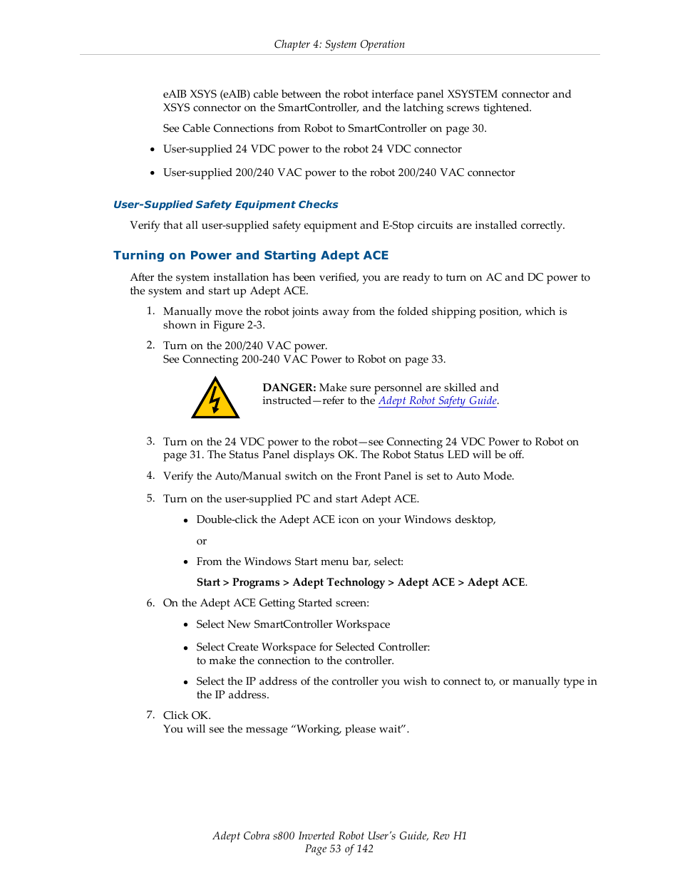 Turning on power and starting adept ace | Adept s800 s800 User Manual | Page 53 / 142