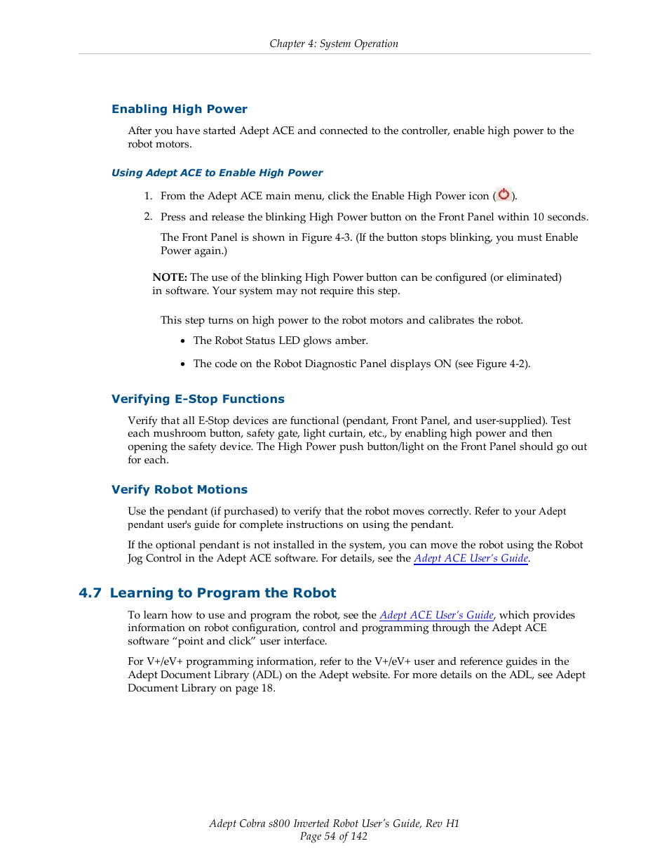 Enabling high power, Verifying e-stop functions, Verify robot motions | 7 learning to program the robot | Adept s800 s800 User Manual | Page 54 / 142